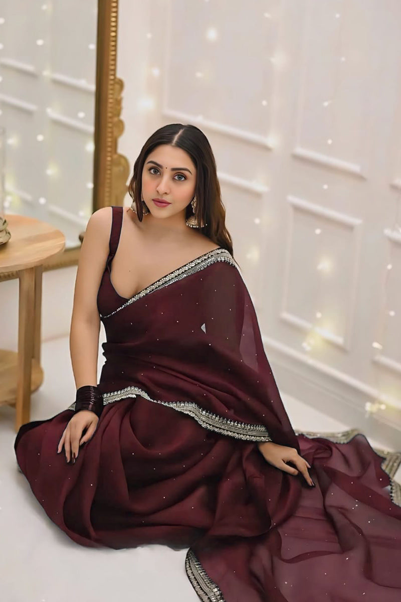 Effulgent 1-Minute Ready To Wear Maroon Organza Silk Saree