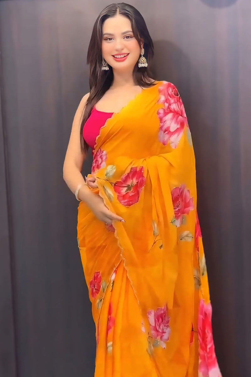 Lovely 1-Minute Ready To Yellow Georgette Saree