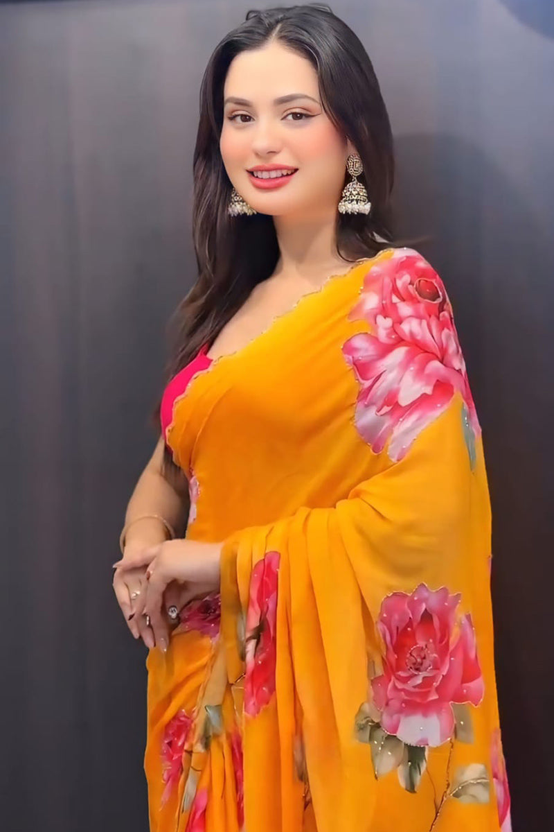 Lovely 1-Minute Ready To Yellow Georgette Saree