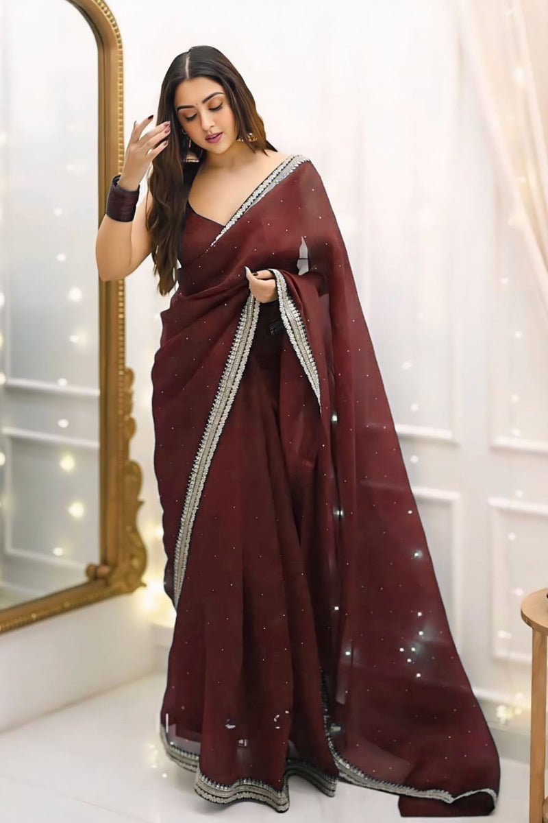 Effulgent 1-Minute Ready To Wear Maroon Organza Silk Saree