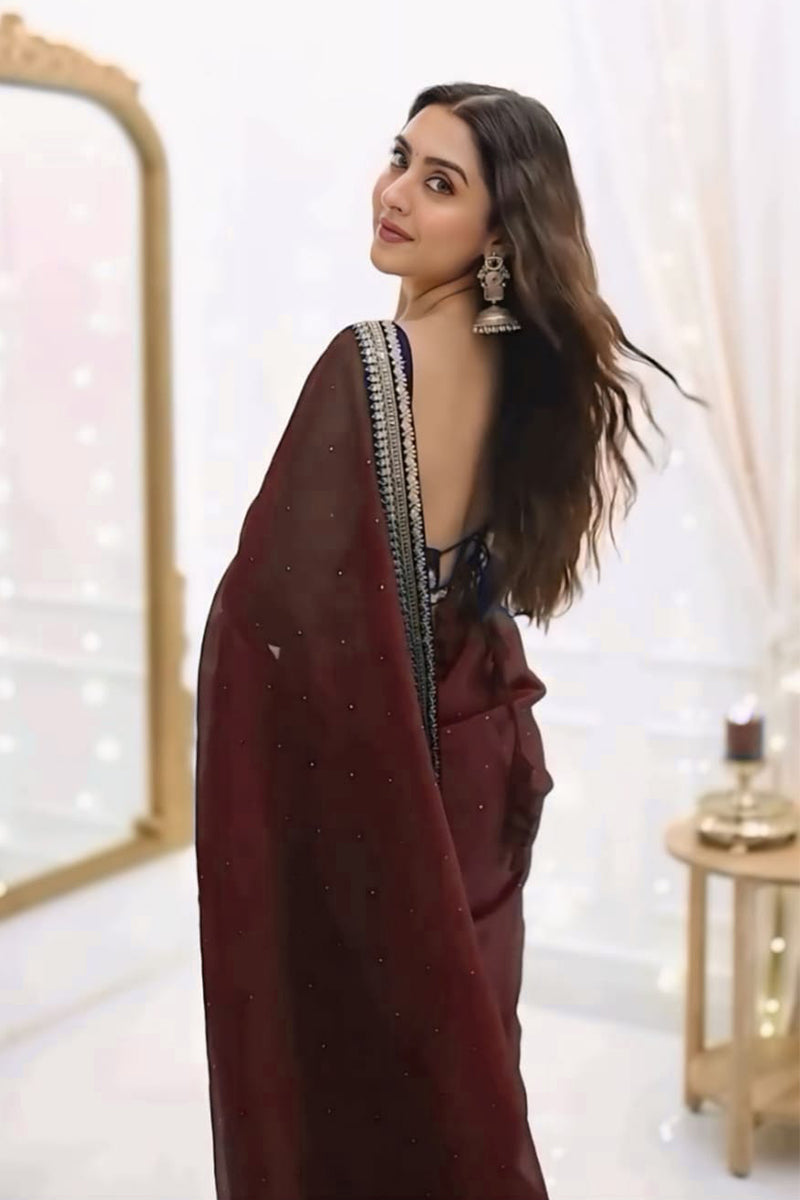 Effulgent 1-Minute Ready To Wear Maroon Organza Silk Saree