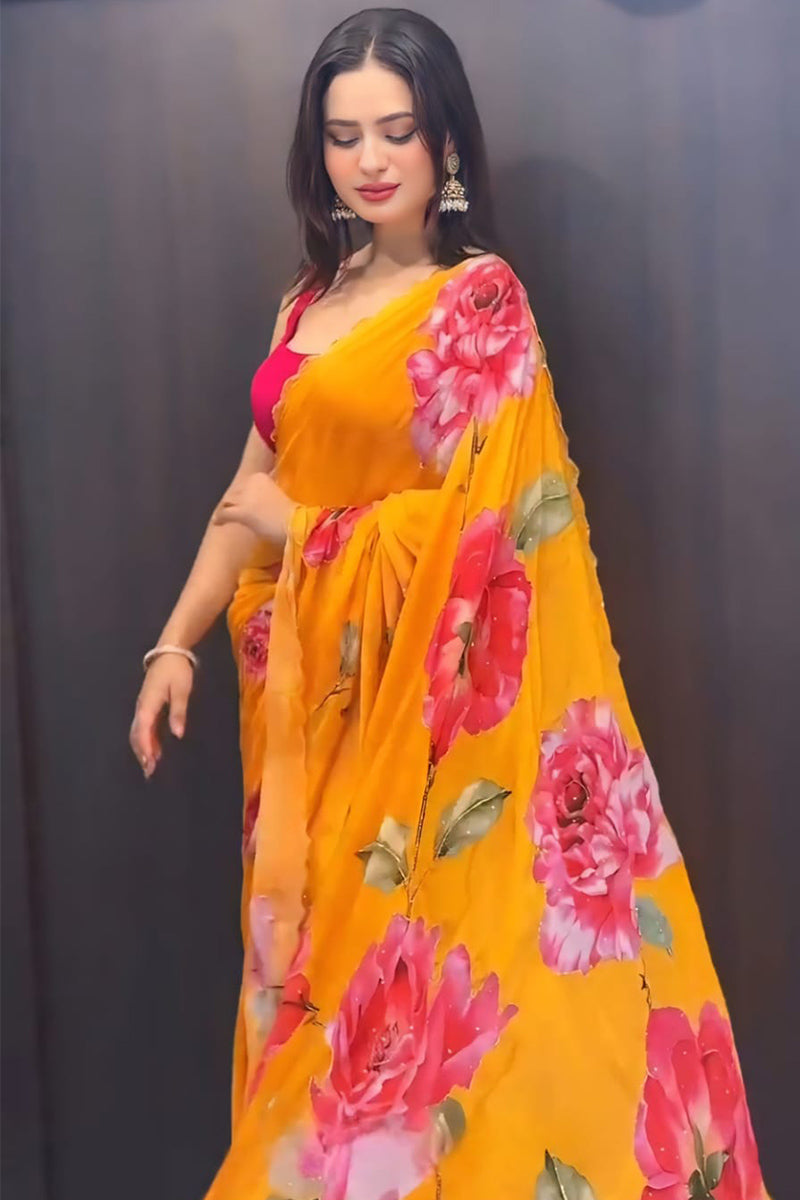 Lovely 1-Minute Ready To Yellow Georgette Saree