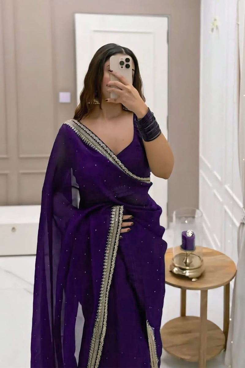 Lagniappe 1-Minute Ready To Wear Purple Organza Silk Saree