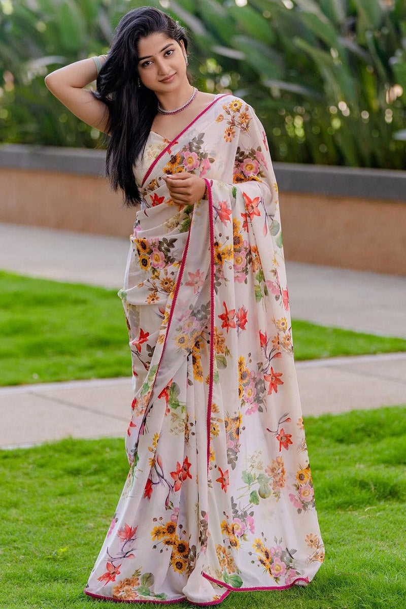 Charming 1 Minutes Ready To Wear White Floral Digital Printed Georgette Saree