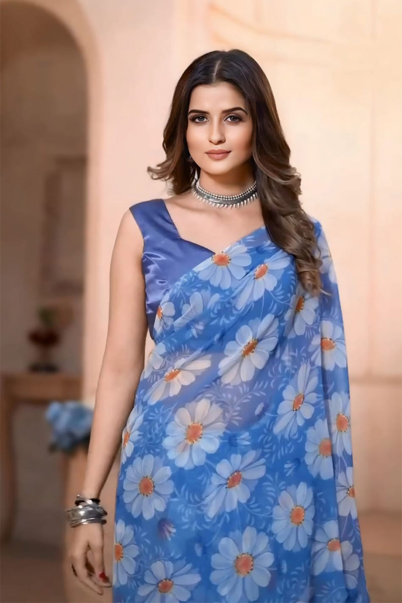 Eloquence Blue 1 Minute Ready To Wear Floral Digital Printed Georgette Saree