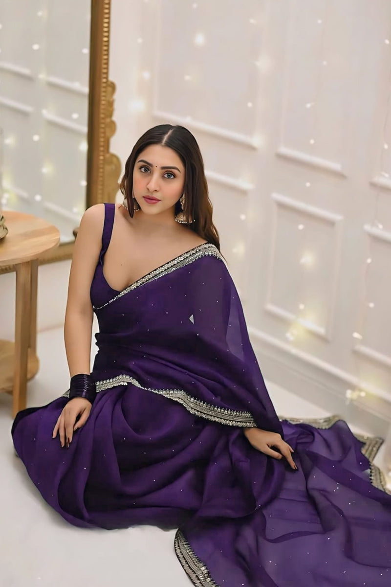 Lagniappe 1-Minute Ready To Wear Purple Organza Silk Saree