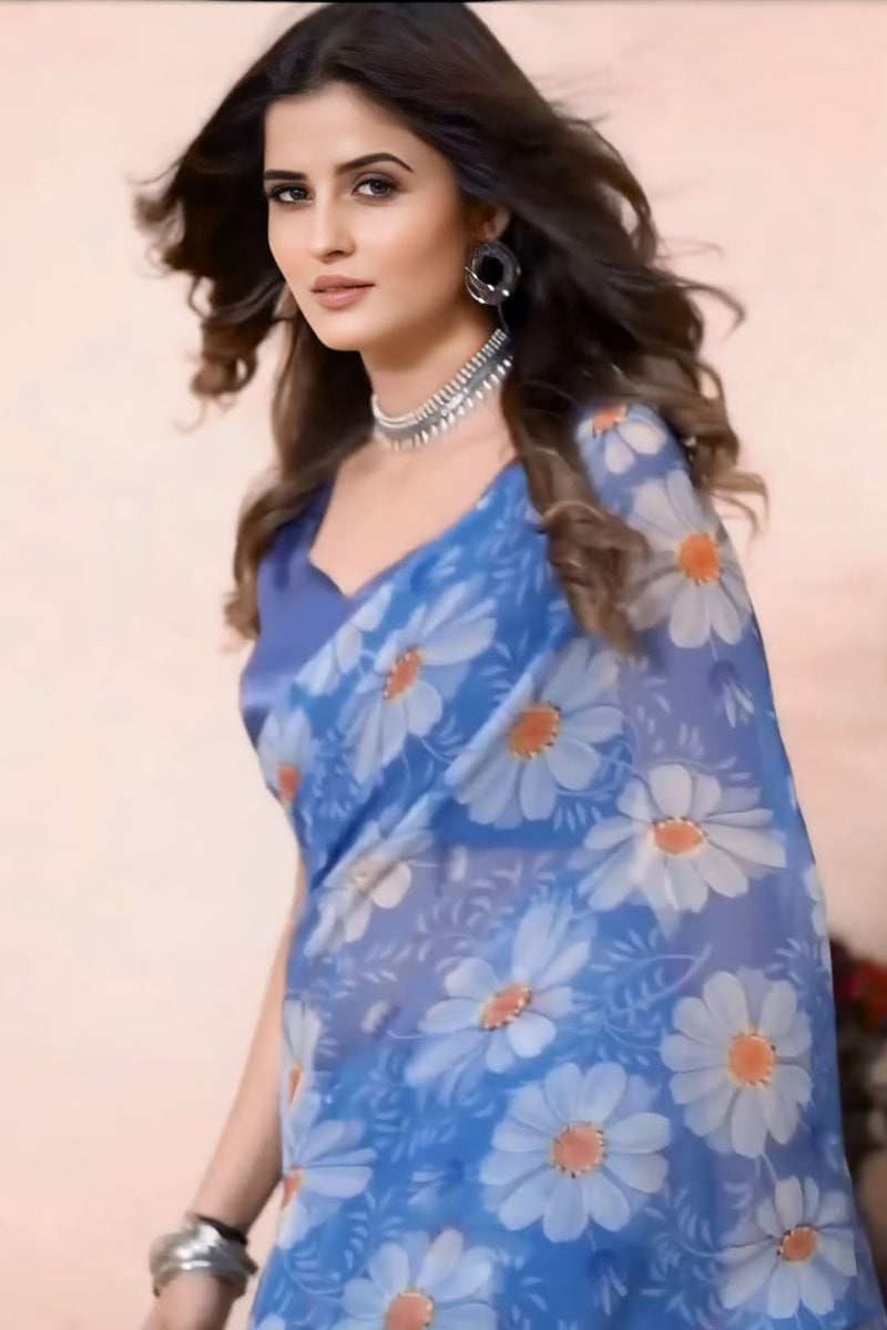 Eloquence Blue 1 Minute Ready To Wear Floral Digital Printed Georgette Saree