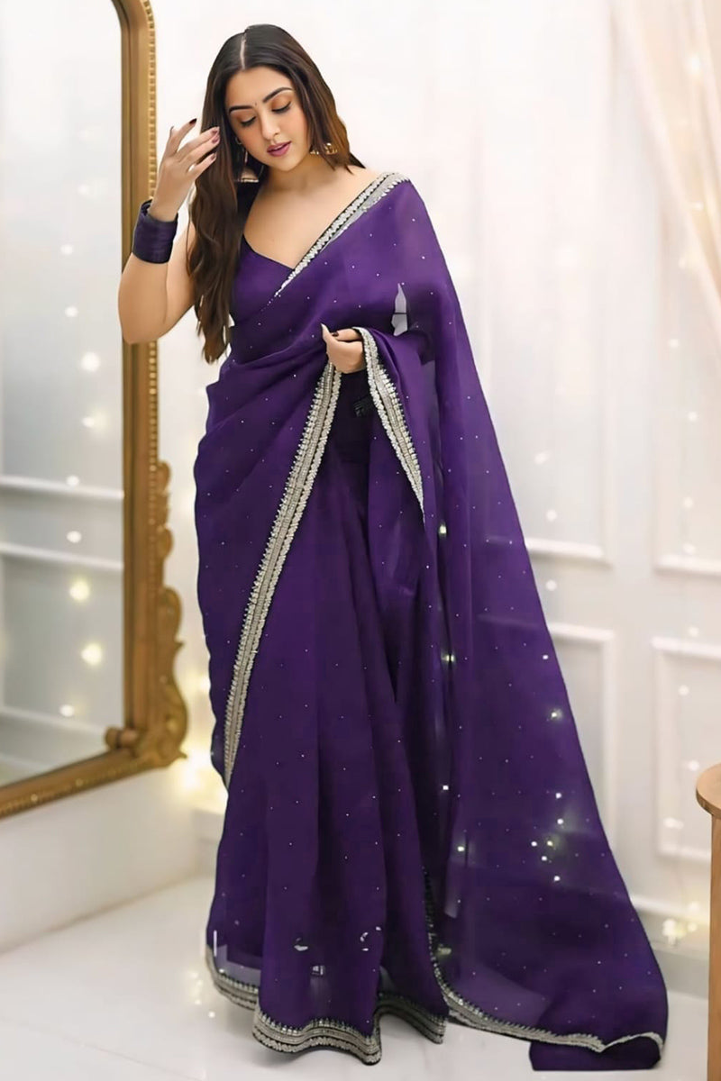 Lagniappe 1-Minute Ready To Wear Purple Organza Silk Saree