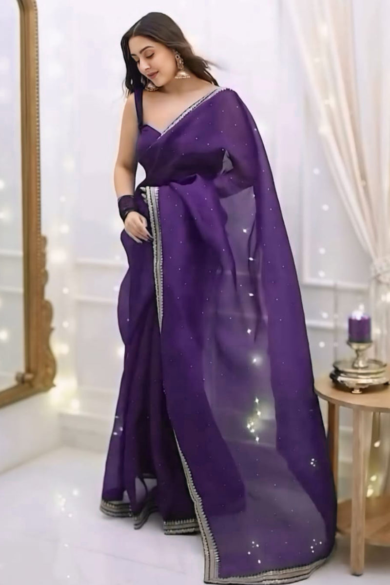 Lagniappe 1-Minute Ready To Wear Purple Organza Silk Saree