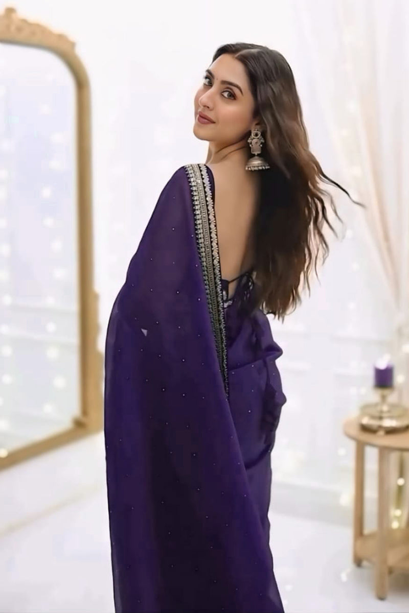 Lagniappe 1-Minute Ready To Wear Purple Organza Silk Saree