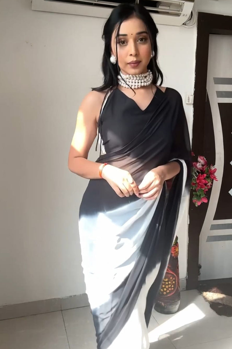 Artistic 1-Minute Ready To Wear Black And White Color Georgette Saree