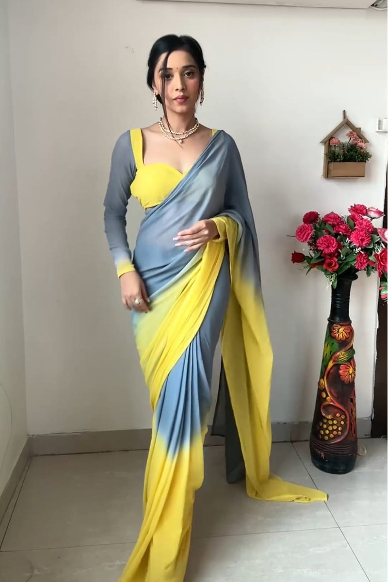 Sophisticated 1-Minute Ready To Wear Yellow And Grey Color Georgette Saree