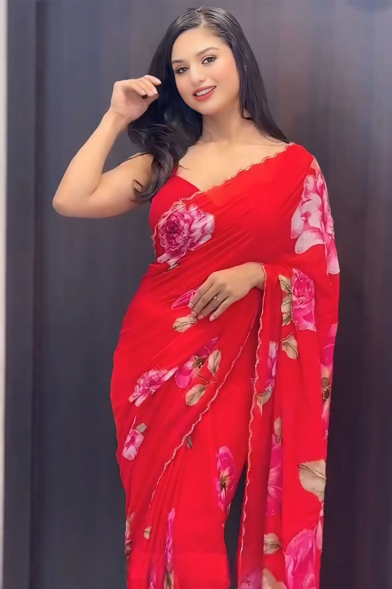 Seraglio 1 Minute Ready To Wear Pink Floral Digital Printed Georgette Silk Saree