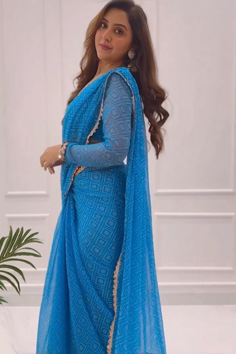 Glorious 1 Minute Ready To Wear Blue Color Digital Printed Georgette Saree With Unstitched Blouse