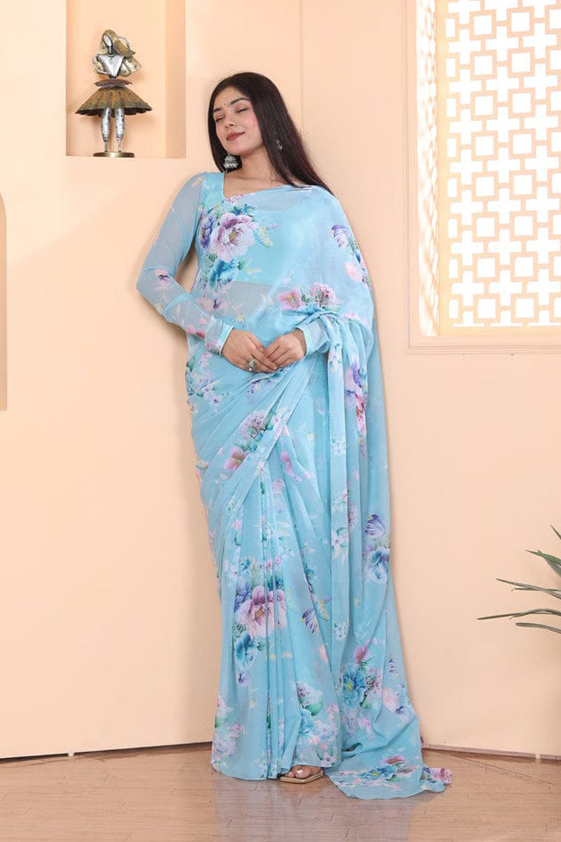 Brood 1 Minute Ready To Wear Sky Blue Floral Digital Printed Georgette Saree with Blouse Piece