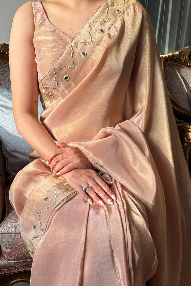 Radiant Peach 1 Minute Ready To Wear Malai Satin Silk Saree