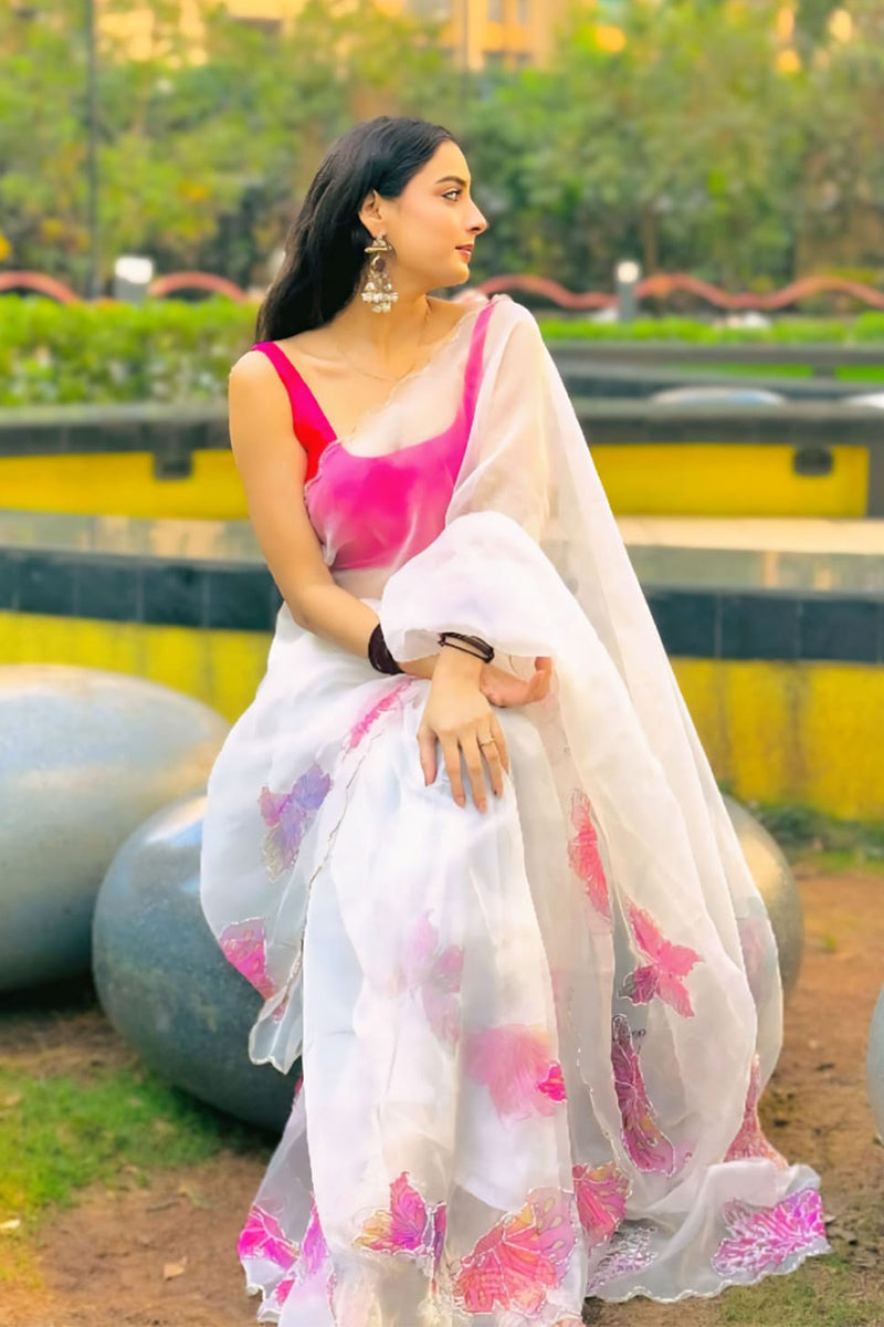 Jazzy 1-Minute Ready To Wear Off White Organza Silk Saree
