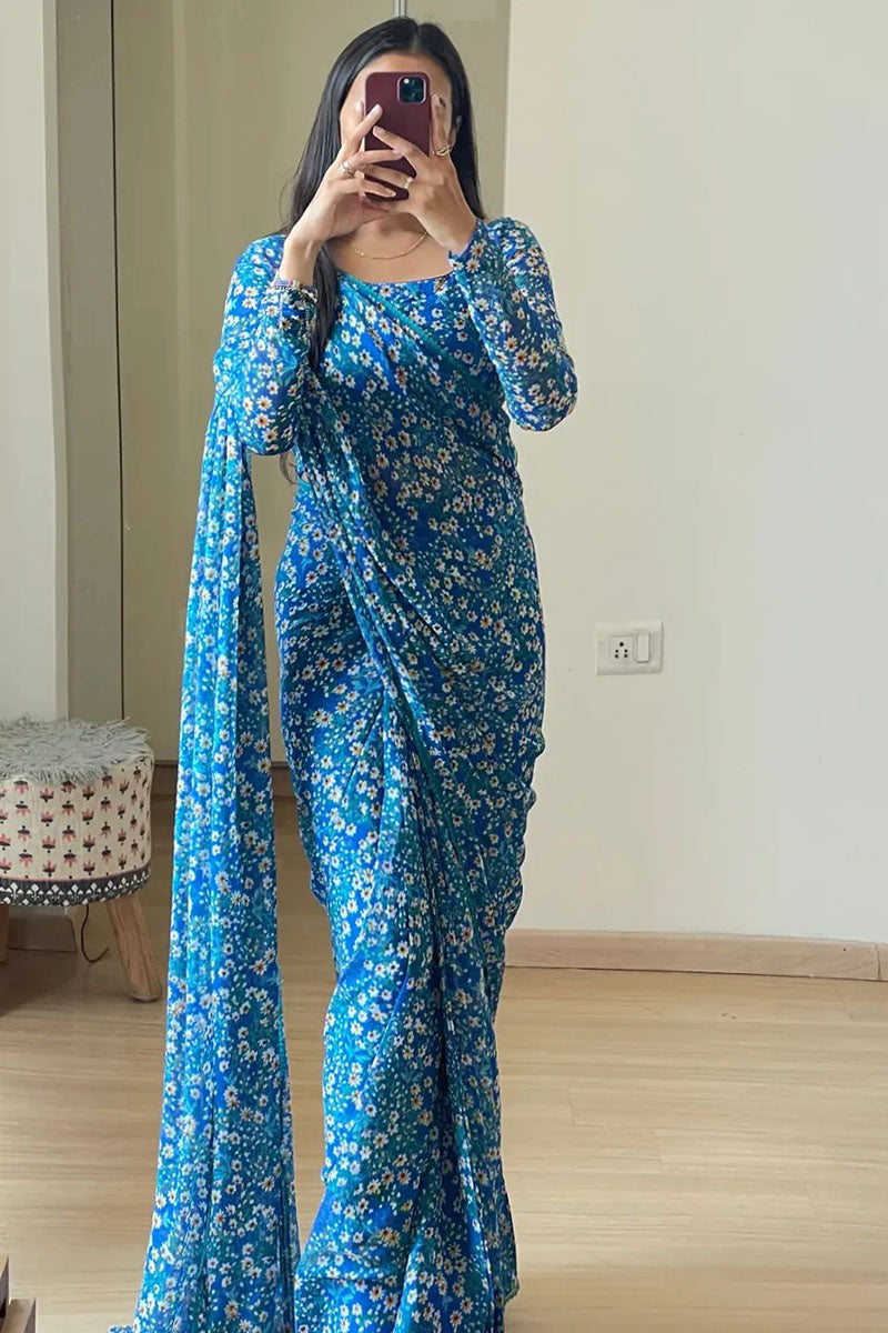 1 Minute Ready To Wear Blue Color Floral Digital Printed Georgette Saree with Unstitched Blouse