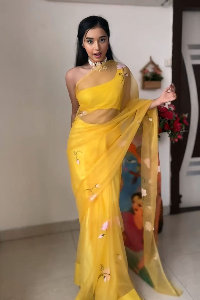 Girlish 1-Minute Ready To Wear Yellow Organza Silk Saree