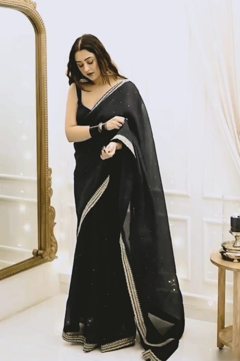 Adorning 1-Minute Ready To Wear Black Organza Silk Saree