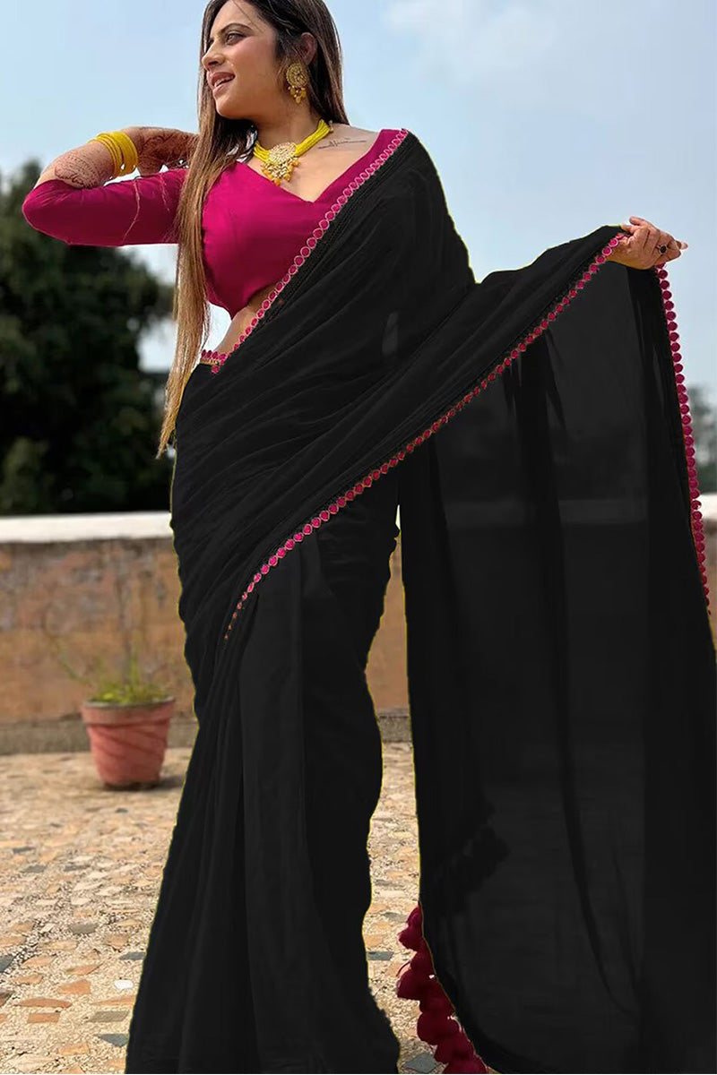 Panoply Black Georgette Saree With Handmade Tussels