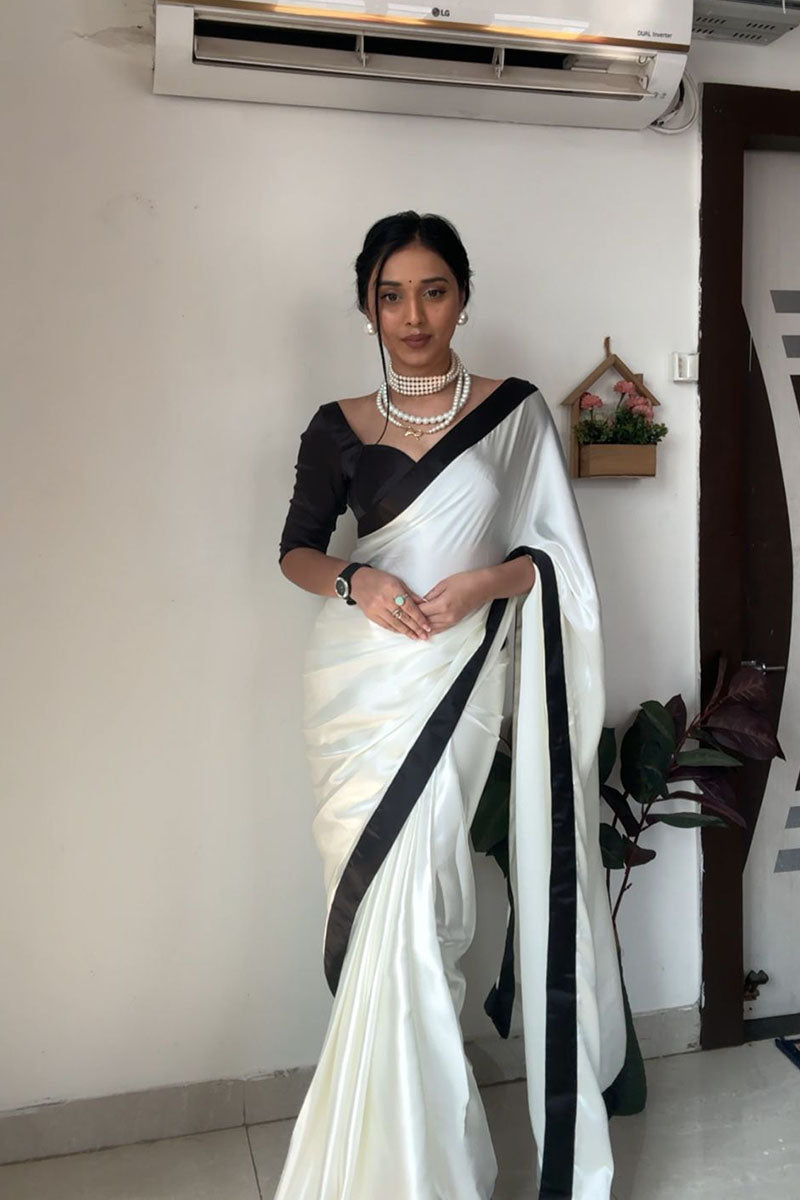 Lagniappe 1-Minute Ready To Wear White Satin Silk Saree