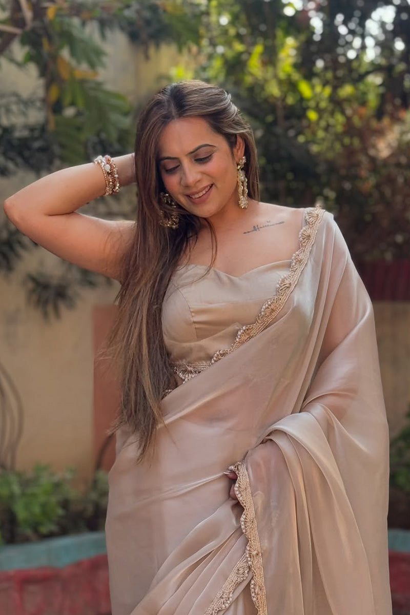 Hypnotic Rosy Brown Jimmy Choo Silk Saree With Stitched Blouse Piece