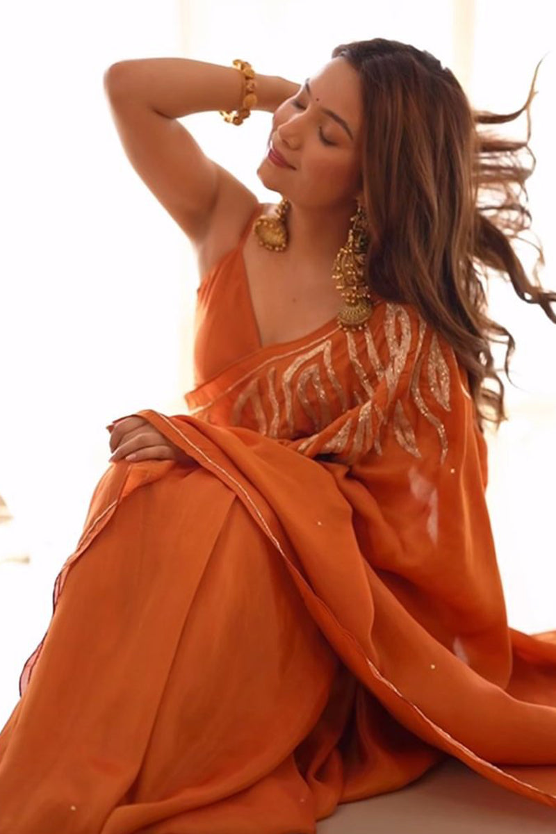 Tempting Orange 1 Minute Ready To Wear Malai Satin Silk Saree