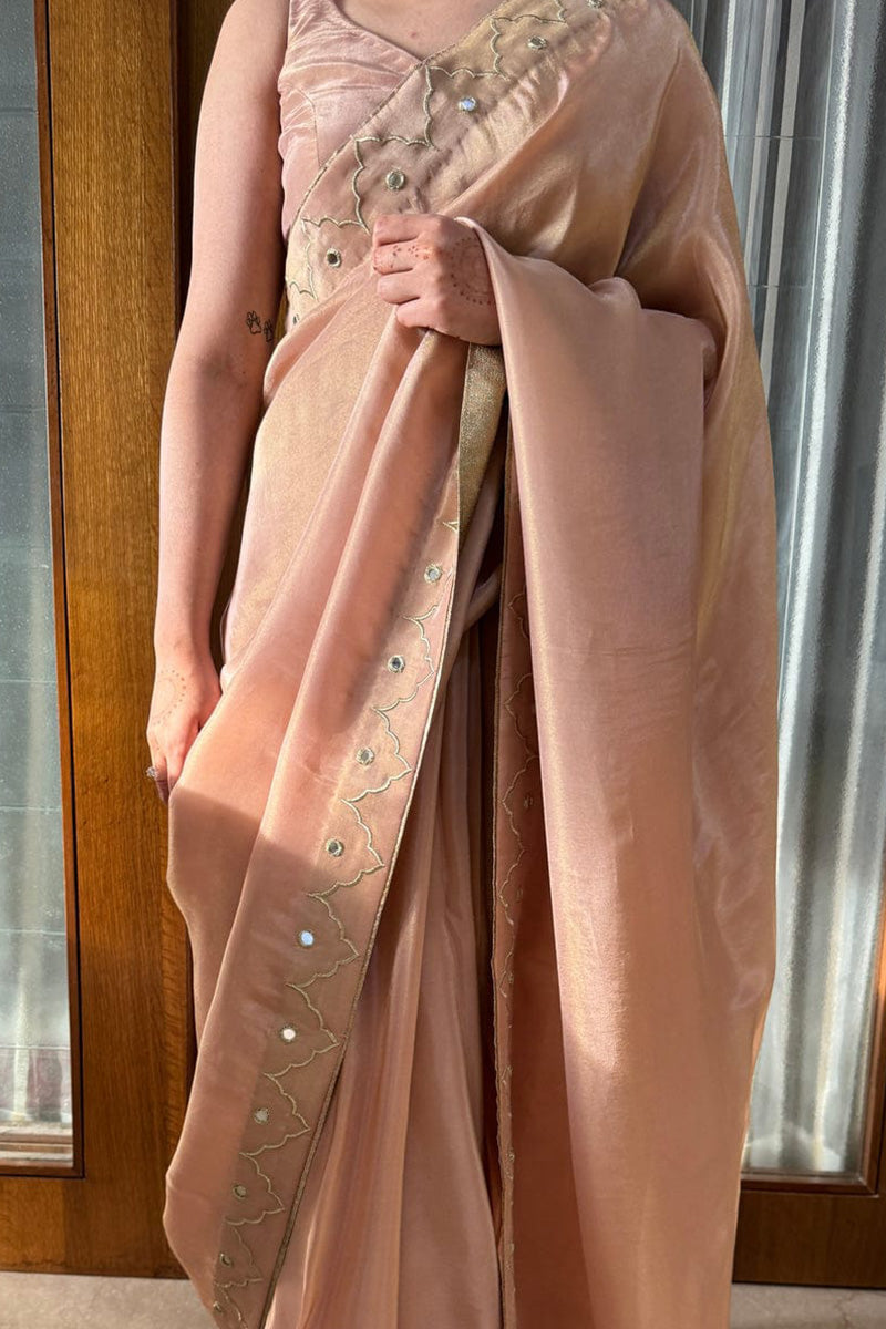 Radiant Peach 1 Minute Ready To Wear Malai Satin Silk Saree