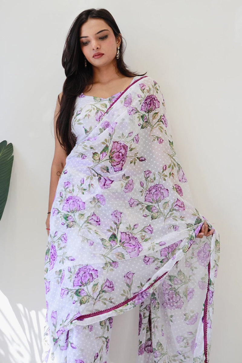 Engrossing 1 Minute Ready To Wear White Floral Digital Printed Georgette Saree