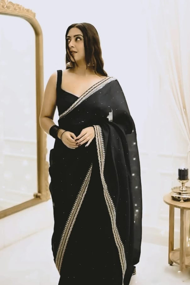 Adorning 1-Minute Ready To Wear Black Organza Silk Saree