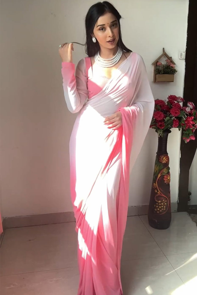 Profuse 1-Minute Ready To Wear Pink And White Color Georgette Saree