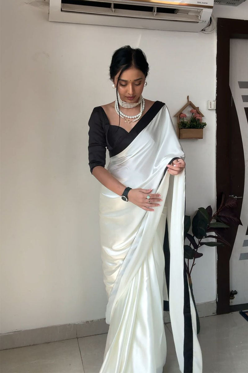 Lagniappe 1-Minute Ready To Wear White Satin Silk Saree