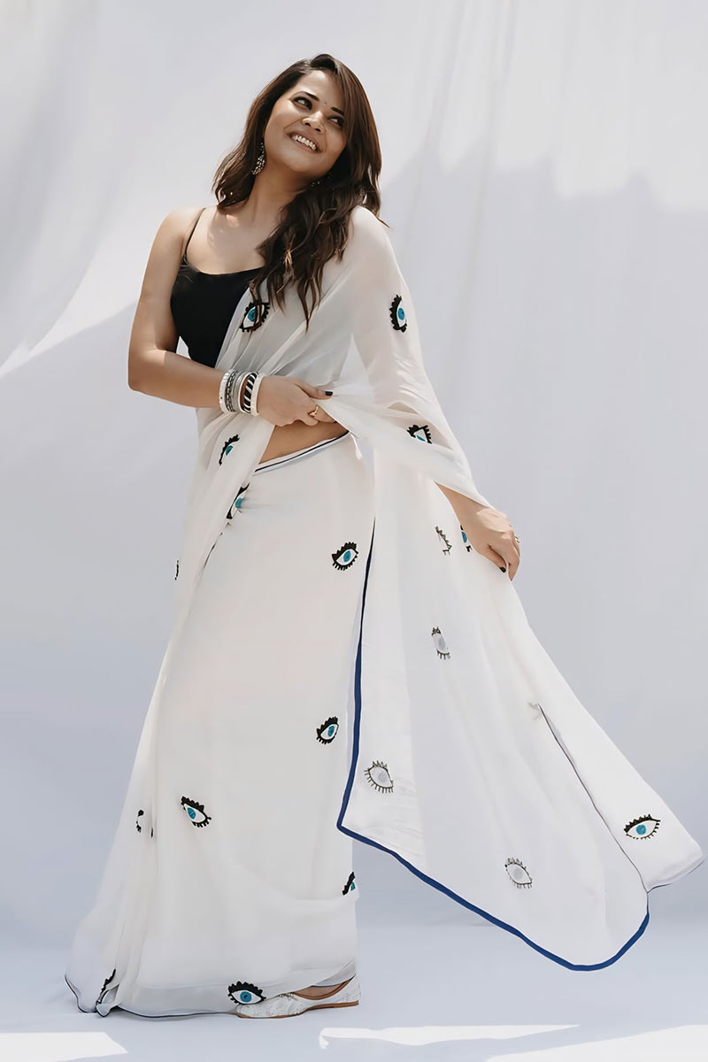 Seraphic 1-Minute Ready To Wear White Georgette Saree