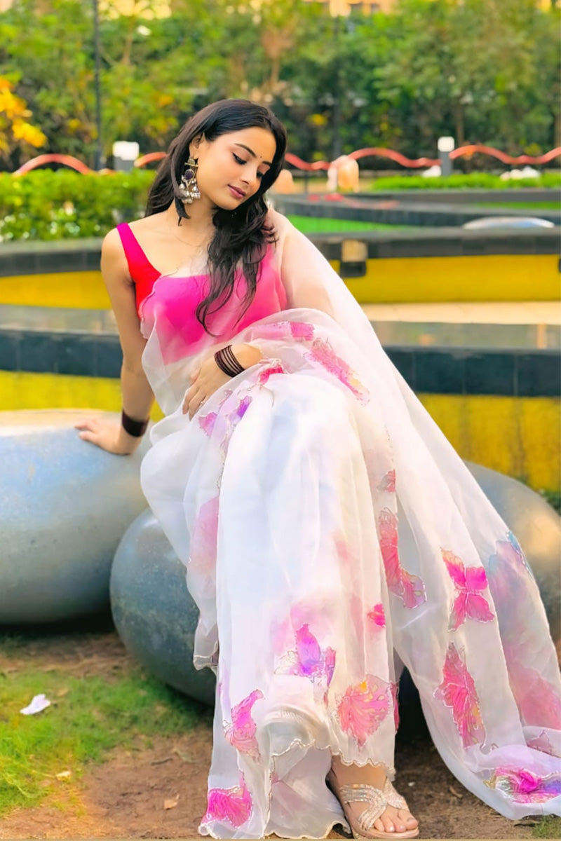 Jazzy 1-Minute Ready To Wear Off White Organza Silk Saree