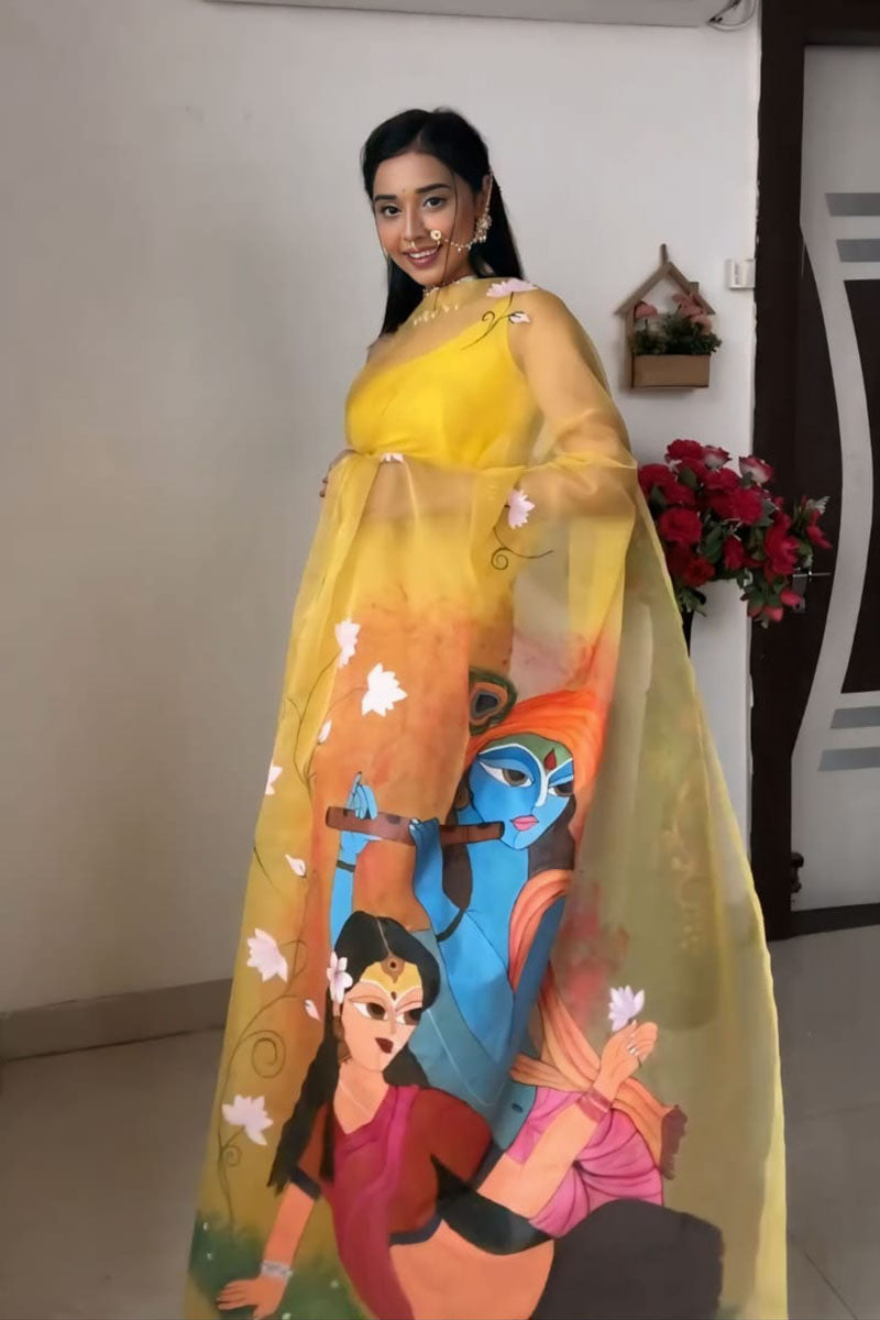 Girlish 1-Minute Ready To Wear Yellow Organza Silk Saree