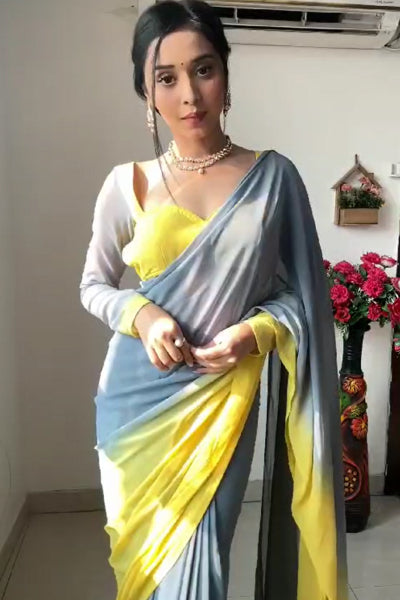 Sophisticated 1-Minute Ready To Wear Yellow And Grey Color Georgette Saree