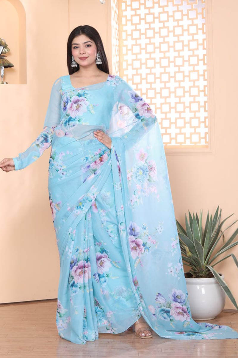 Brood 1 Minute Ready To Wear Sky Blue Floral Digital Printed Georgette Saree with Blouse Piece