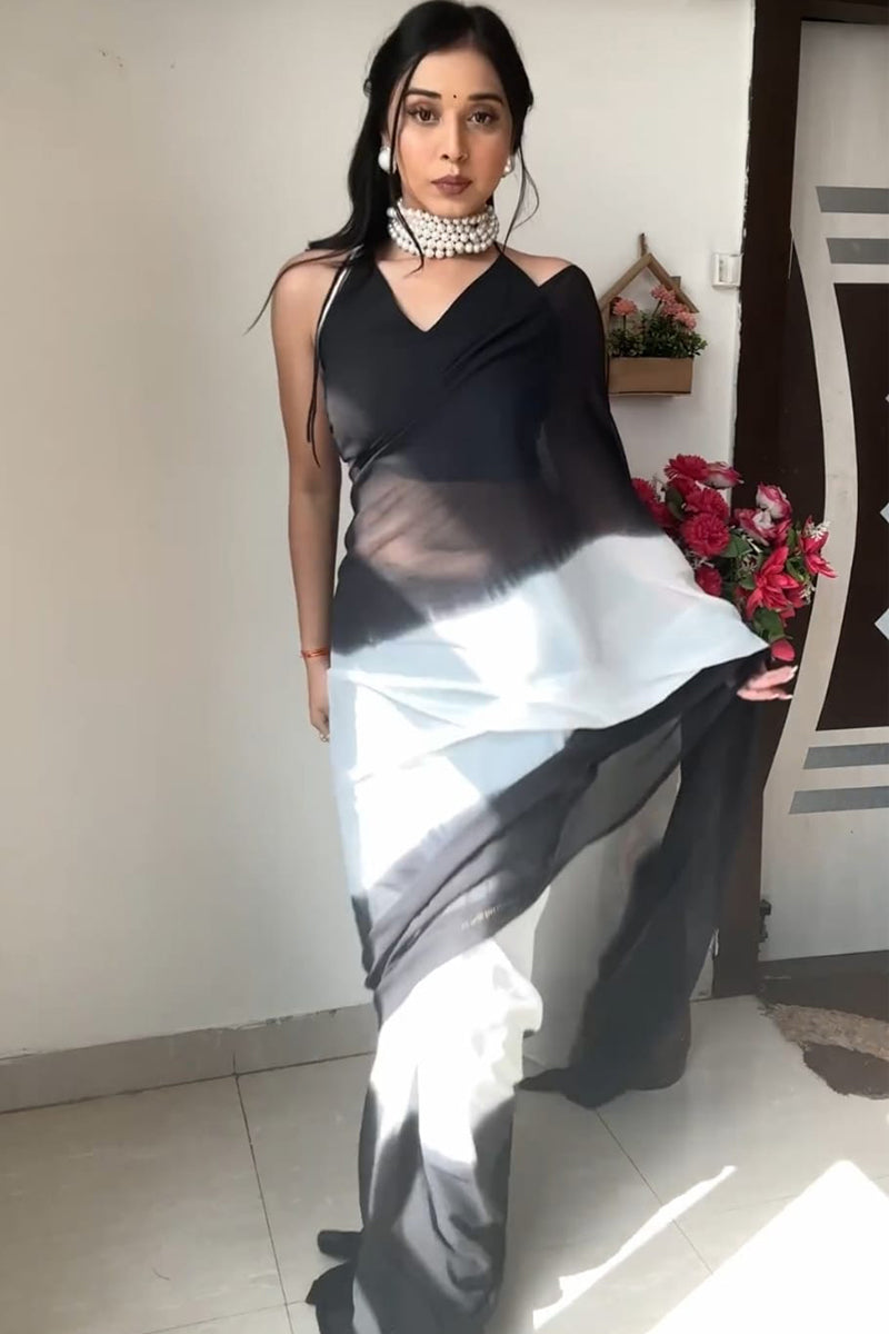 Artistic 1-Minute Ready To Wear Black And White Color Georgette Saree