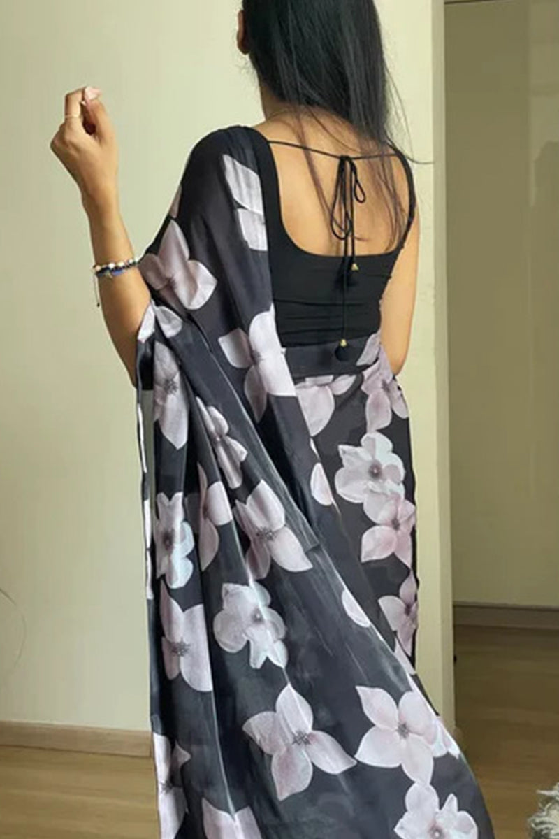 Marvellous Black 1 Minute Ready To Wear Floral Digital Printed Georgette Saree With Redolent Blouse Piece