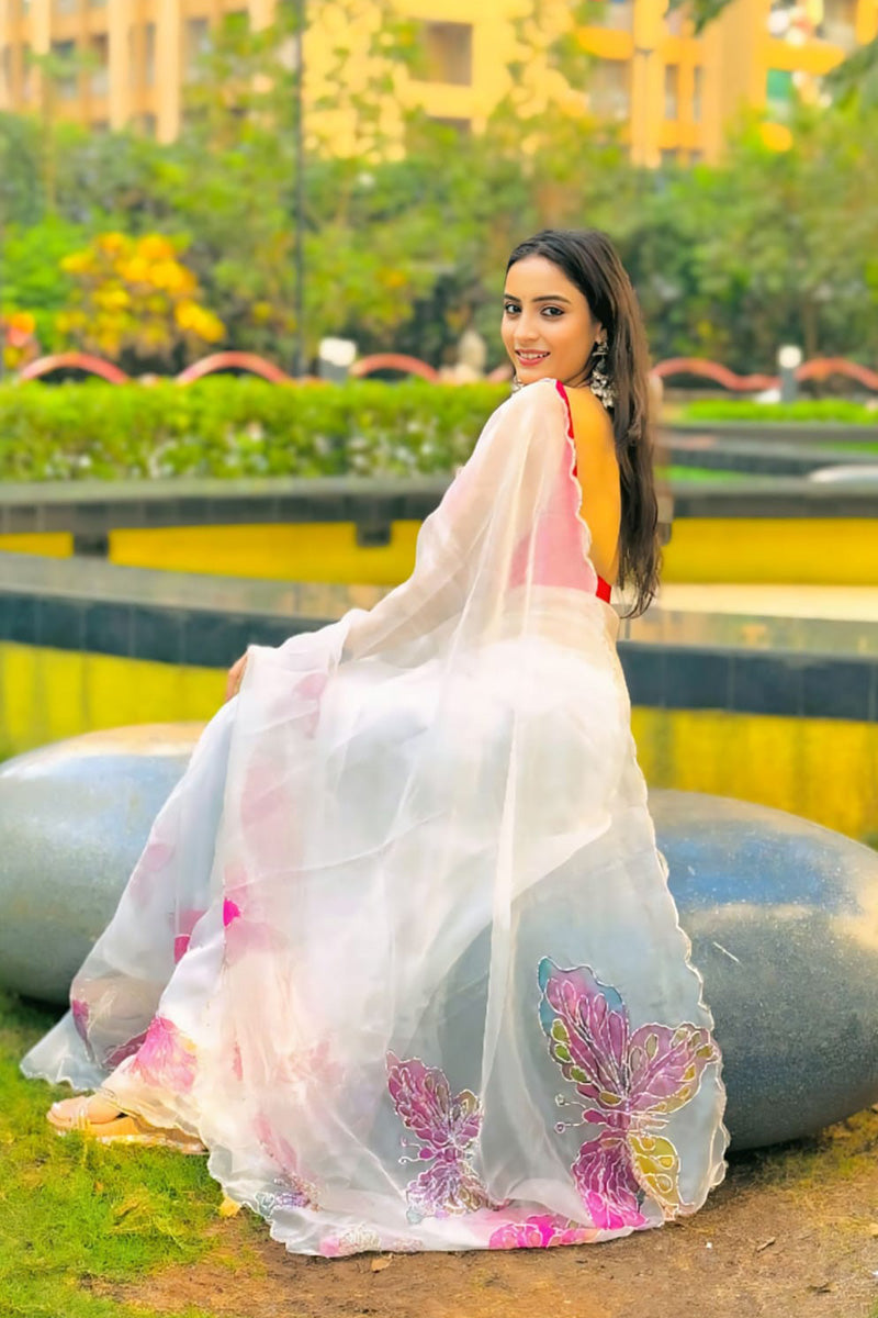 Jazzy 1-Minute Ready To Wear Off White Organza Silk Saree