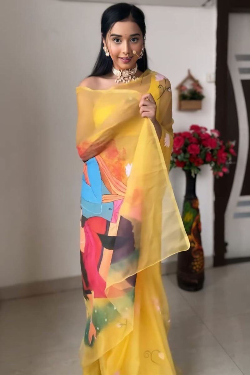 Girlish 1-Minute Ready To Wear Yellow Organza Silk Saree