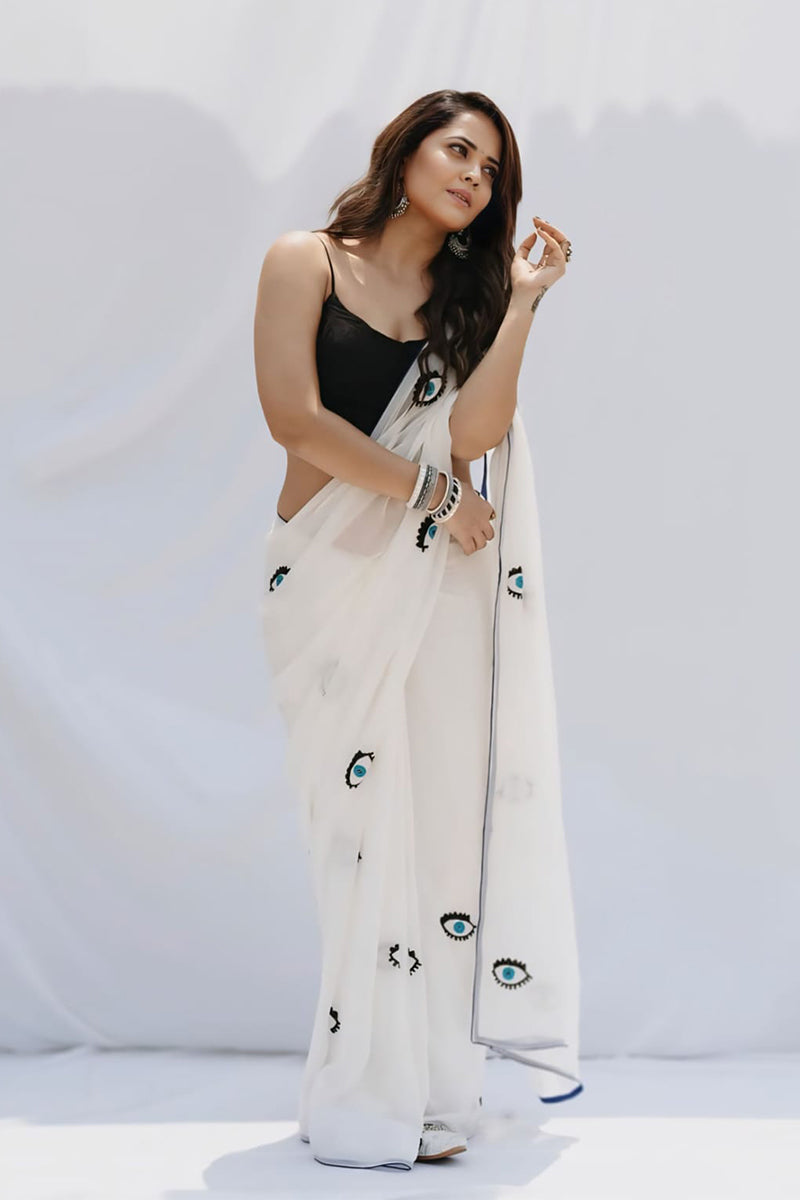 Seraphic 1-Minute Ready To Wear White Georgette Saree
