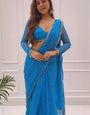 Glorious 1 Minute Ready To Wear Blue Color Digital Printed Georgette Saree With Unstitched Blouse