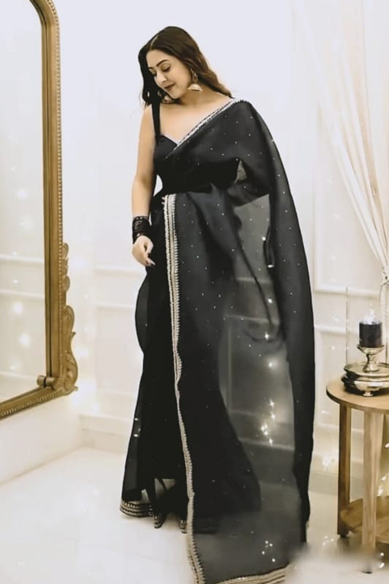 Adorning 1-Minute Ready To Wear Black Organza Silk Saree