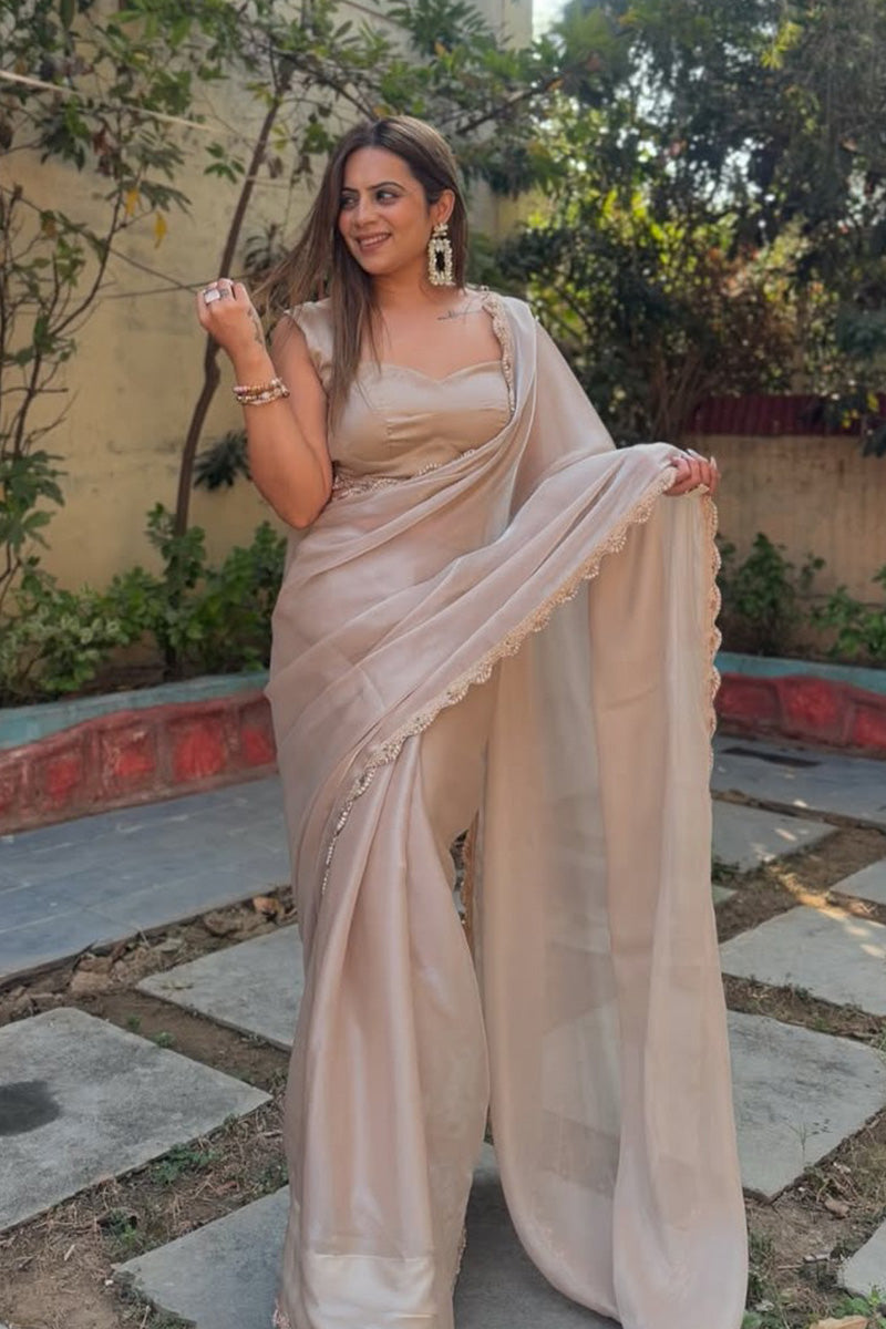 Hypnotic Rosy Brown Jimmy Choo Silk Saree With Stitched Blouse Piece