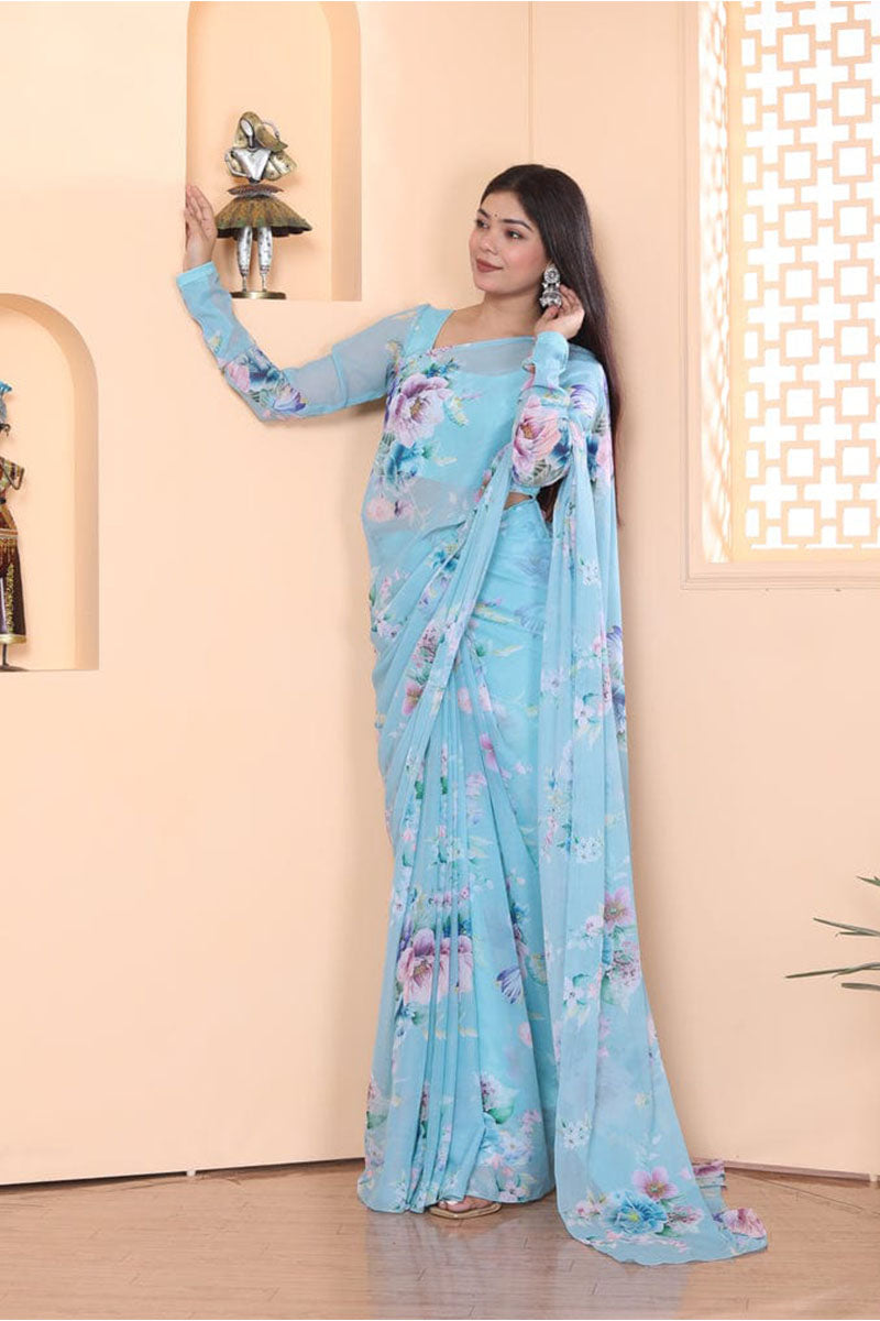 Brood 1 Minute Ready To Wear Sky Blue Floral Digital Printed Georgette Saree with Blouse Piece