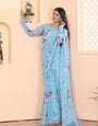 Brood 1 Minute Ready To Wear Sky Blue Floral Digital Printed Georgette Saree with Blouse Piece