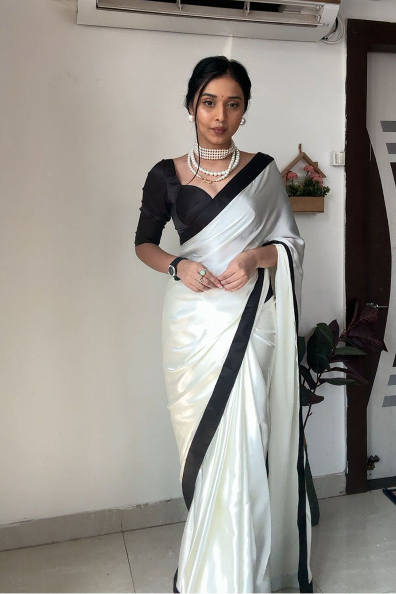 Lagniappe 1-Minute Ready To Wear White Satin Silk Saree