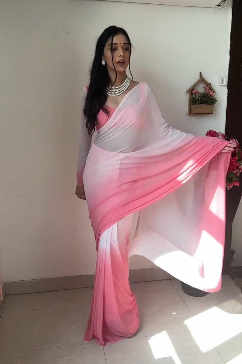 Profuse 1-Minute Ready To Wear Pink And White Color Georgette Saree